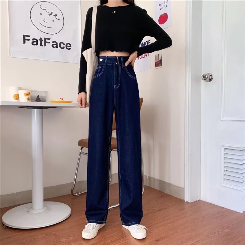深藍色垂感高腰直筒牛仔褲女春夏新款小個子寬鬆顯瘦闊腿拖地褲子
