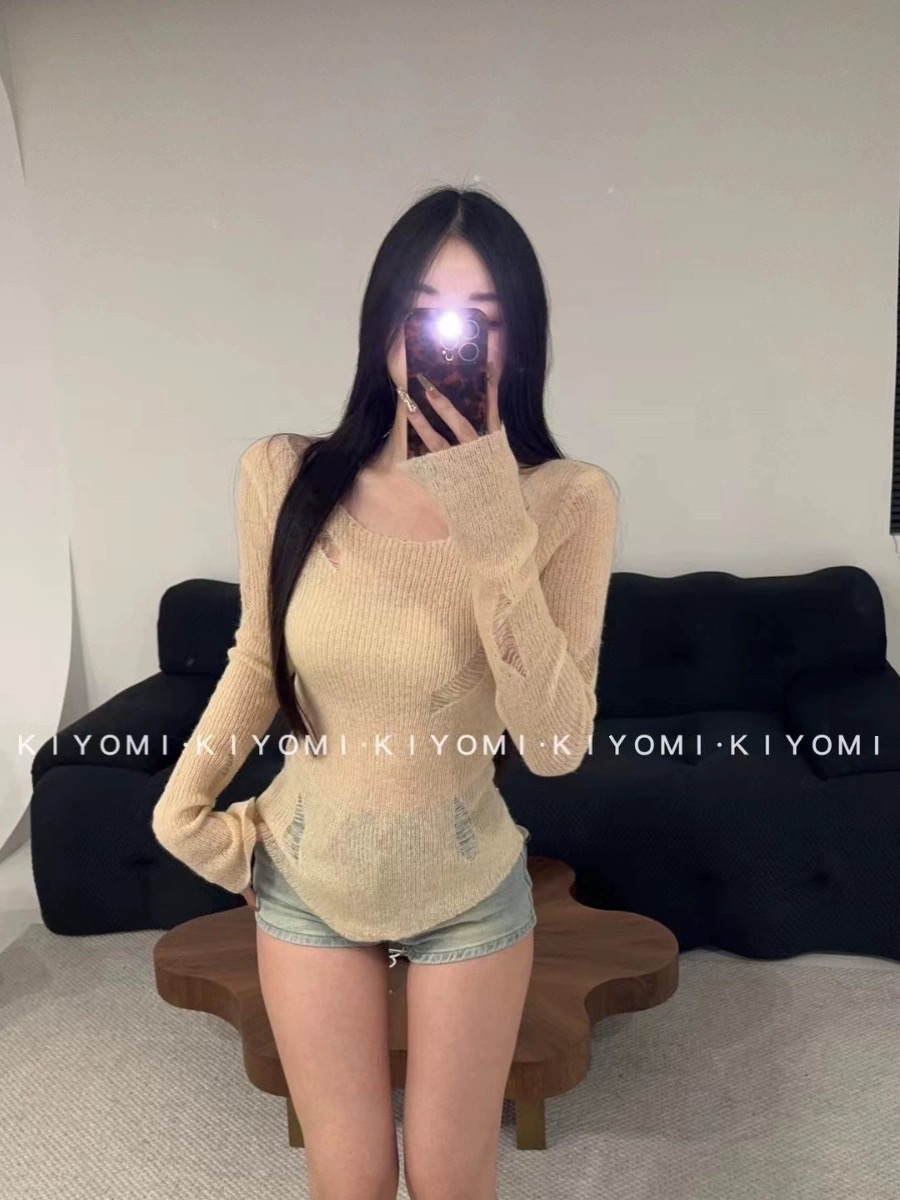 不規則長袖T恤女設計感小眾早春修身內搭針織打底衫別致鏤空上衣
