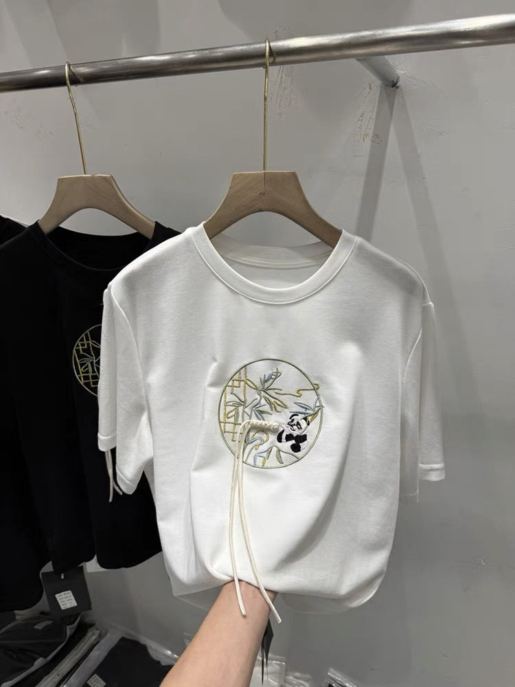 新中式盤扣刺繡國風短袖t恤女2024年早春新款小眾設計感小衫上衣