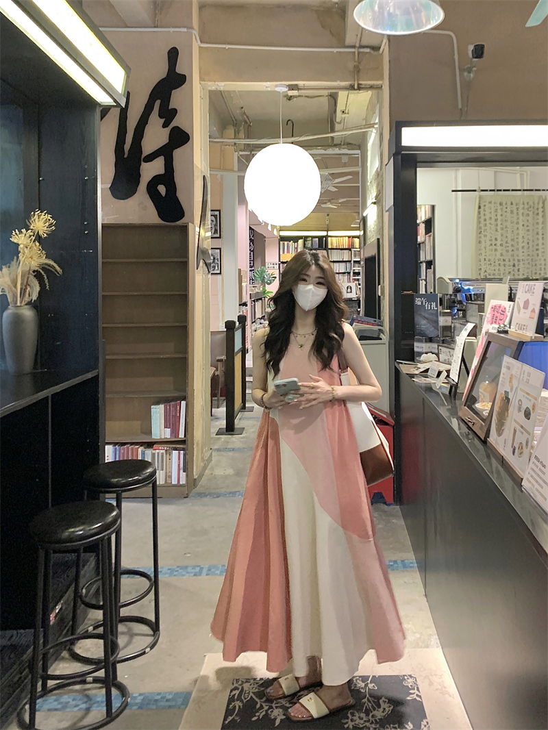 實拍#小眾設計感拼色無袖連衣裙粉色仙氣度假風長裙大擺裙