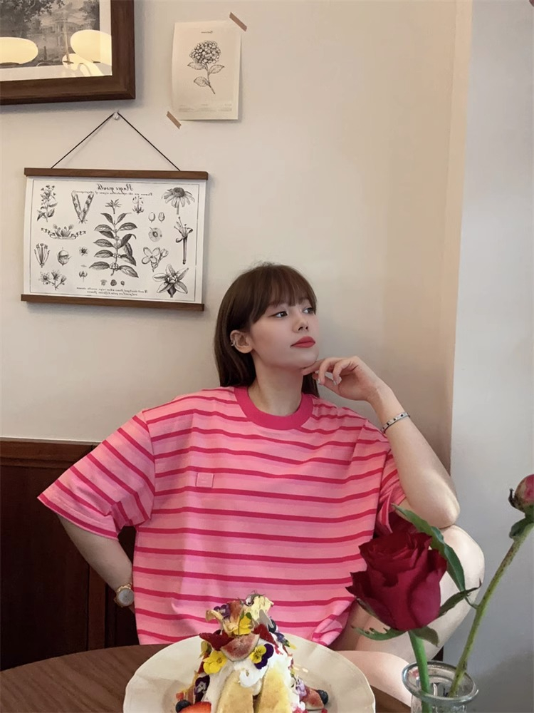 拼色條紋短袖T恤女韓版2024夏季新款寬鬆百搭中長款大碼小眾上衣