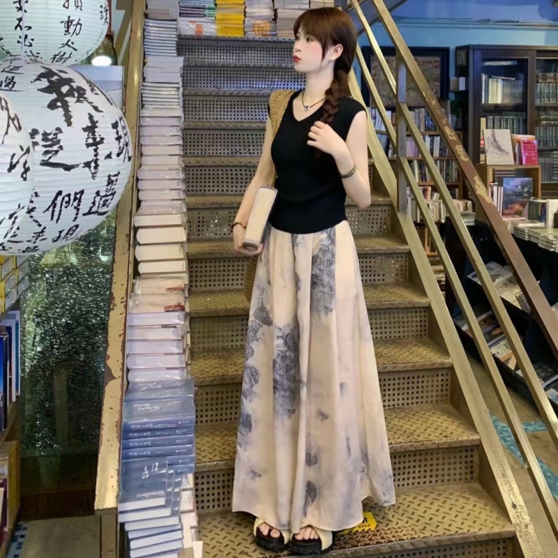 新中式穿搭2024夏季新款設計感氣質針織上衣水墨畫闊腿褲兩件套裝