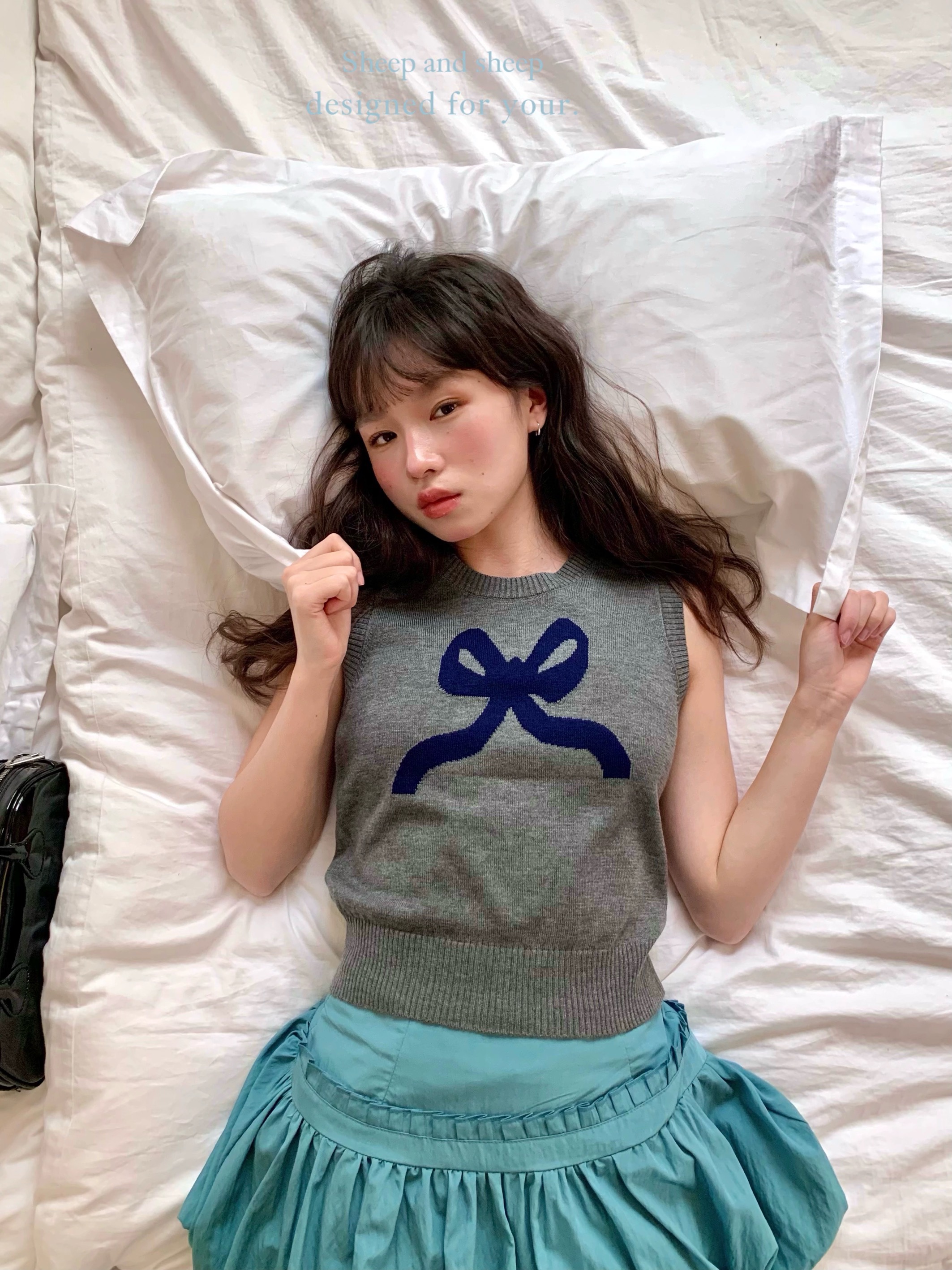 ovinsyang 蝴蝶結針織背心女內搭外穿甜美少女小個子短款無袖上衣
