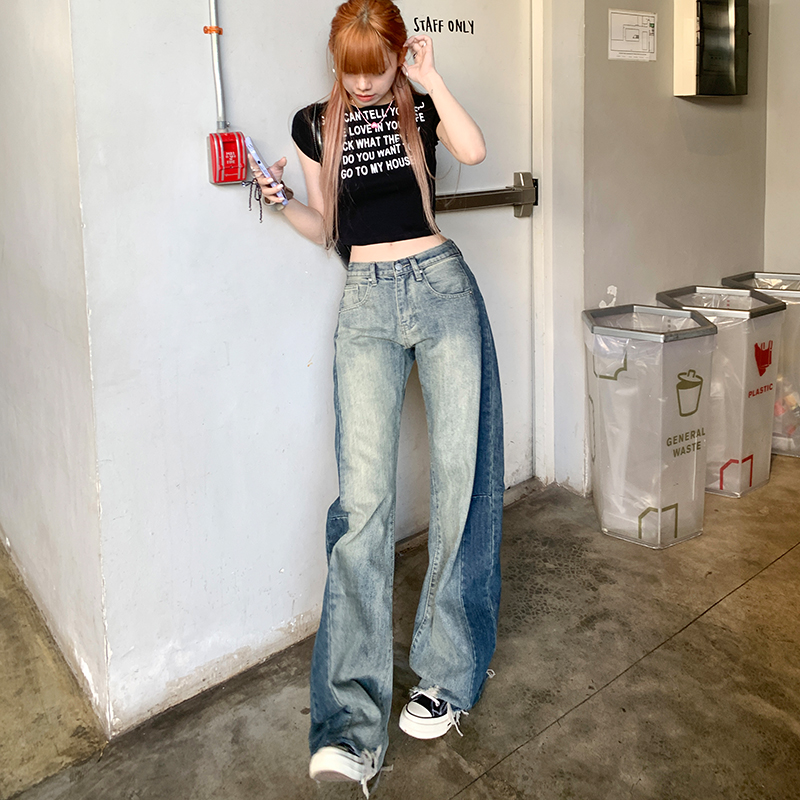 港風漸變牛仔褲韓版香蕉褲女設計感撞色磨破高腰闊腿直筒拖地褲