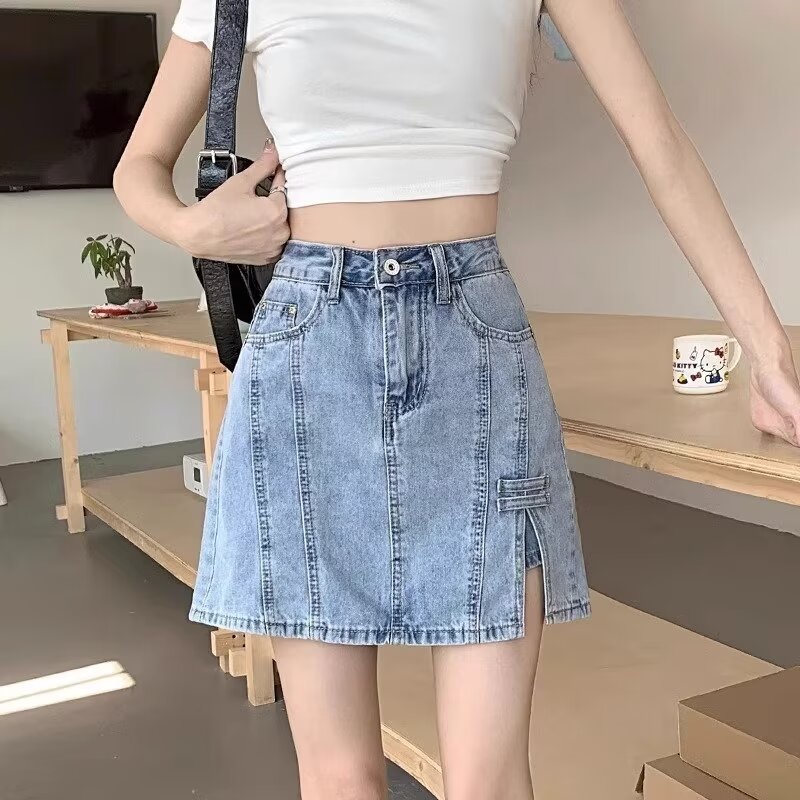2024夏季新款女裝高腰牛仔裙褲側邊開叉顯瘦彈力包臀短褲女超短裙