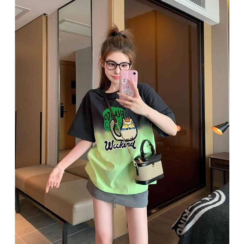 扎染漸變純棉短袖t恤女2024新款春夏季歐貨小個子內搭打底衫上衣