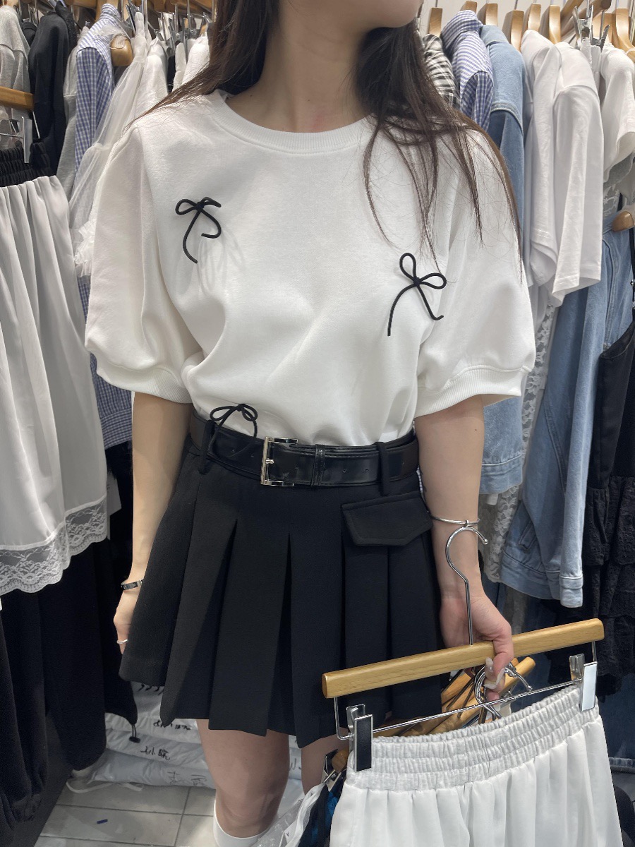 十三行春夏女2024新款港式復古圓領甜美上衣泡泡短袖蝴蝶結T恤衫