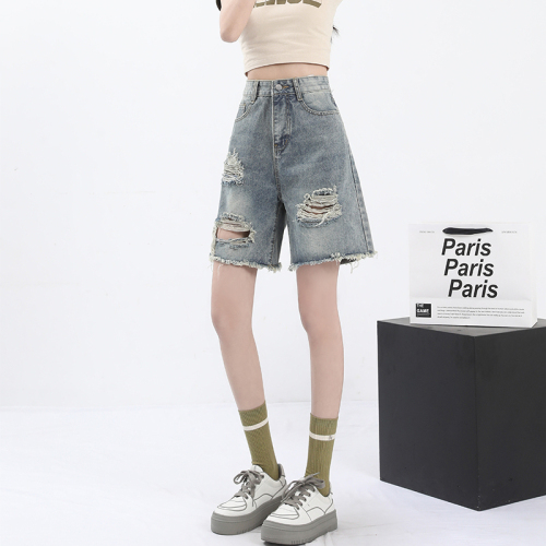 高街复古牛仔破洞短裤女夏季2024新款设计感小众宽松直筒五分裤子