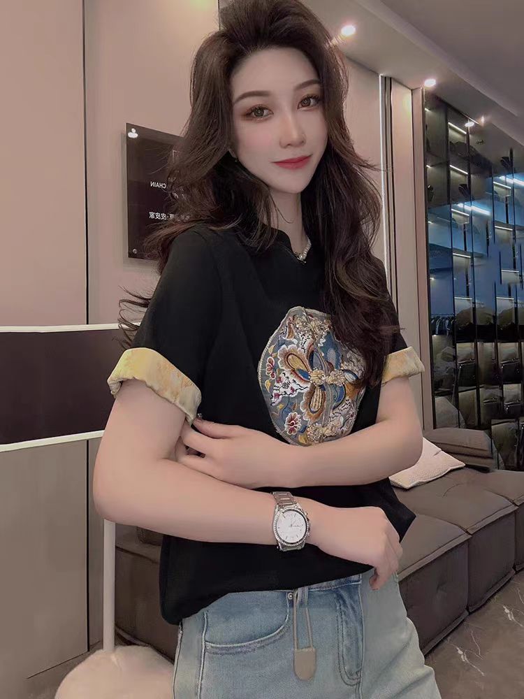 國風刺繡拼色短袖T恤女2024夏季冰絲時尚復古打底衫寬鬆百搭上衣