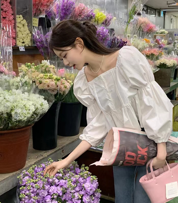 韓版chic氣質方領長袖白色襯衫女裝春款襯衣小個子短款娃娃衫上衣