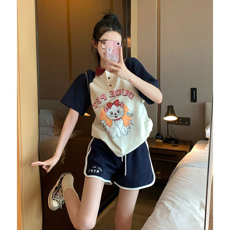 polo領短袖t恤女夏季學院風卡通美式休閒甜美減齡撞色正肩上衣ins