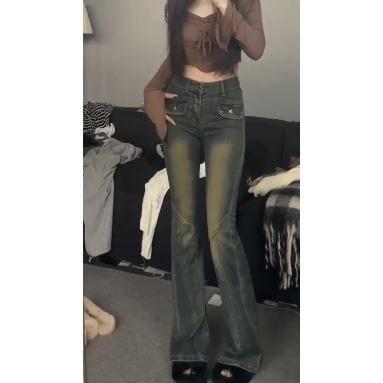 高腰修身顯瘦微喇褲女2024春秋新款港風復古氣質水洗百搭牛仔長褲