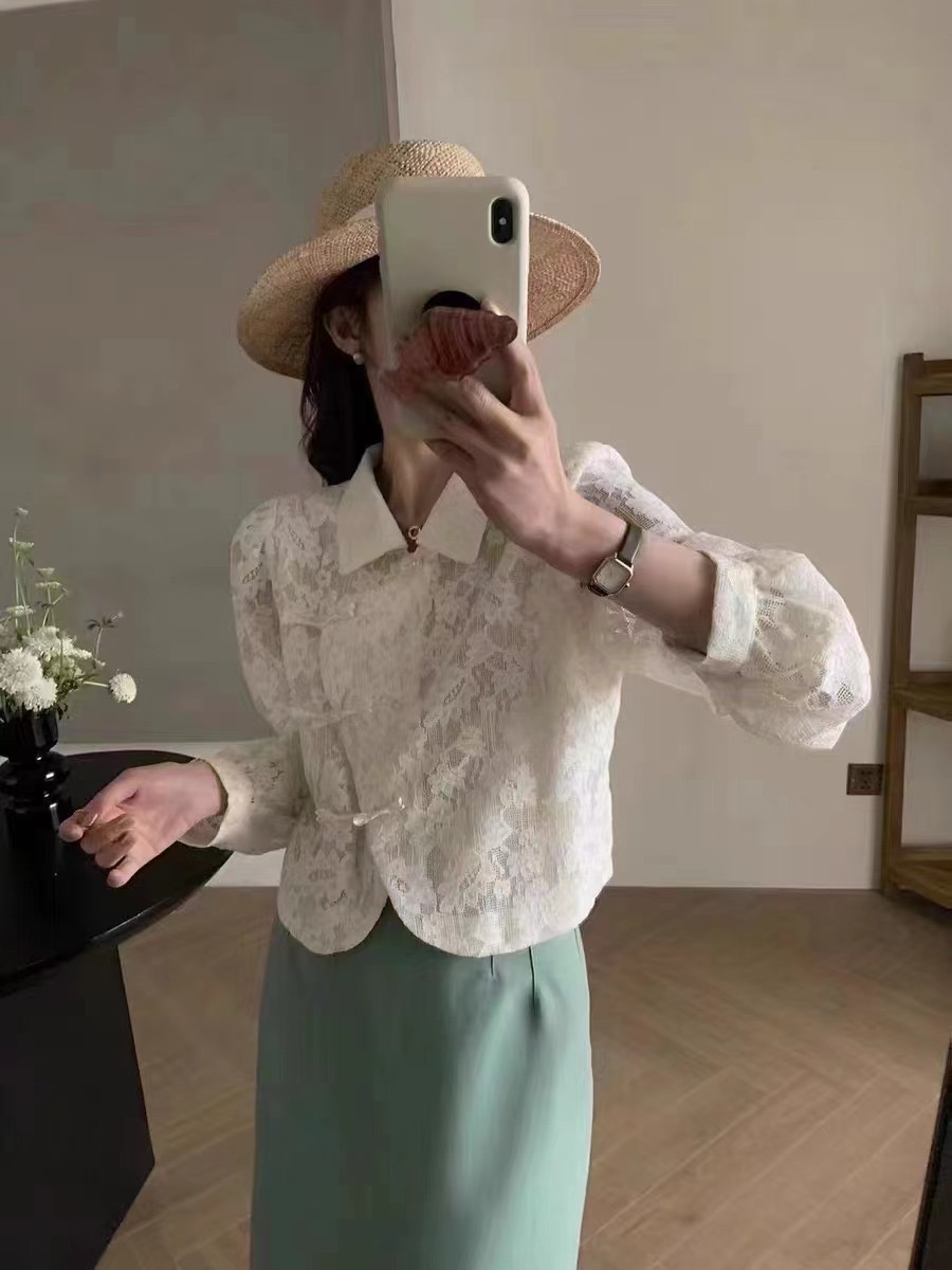 韓系小香風復古盤扣優雅鏤空蕾絲鈎花長袖襯衫上衣