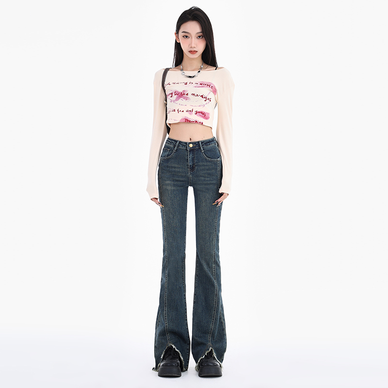 實拍~2024高腰復古牛仔褲女微喇褲新款設計感顯瘦毛邊開叉喇叭褲
