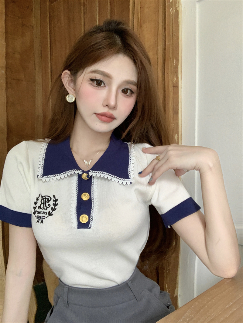 實拍  撞色polo領刺繡短袖針織衫法式減齡洋氣學院風上衣