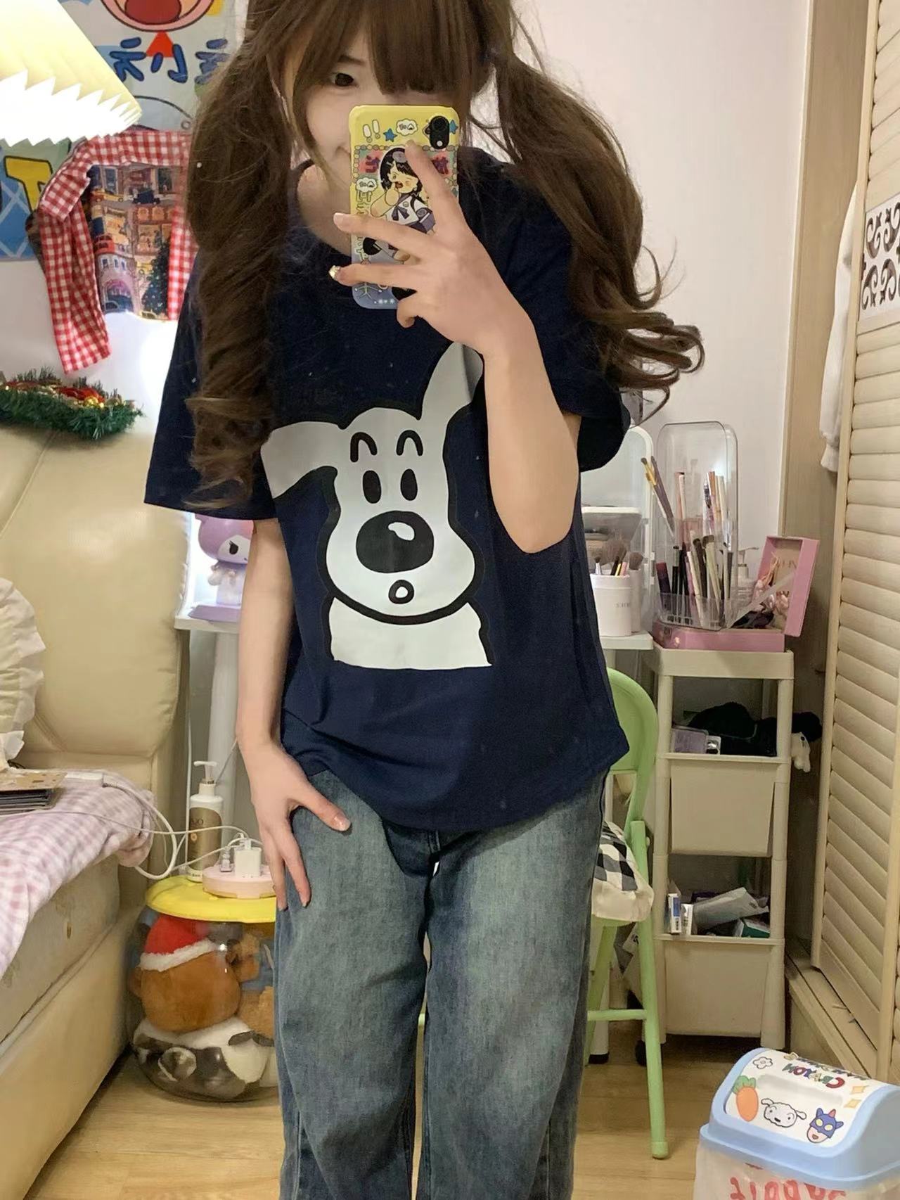 高質量純棉220克精梳緊密手感好直播品質前印花短袖t恤女