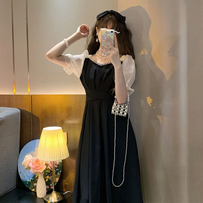 法式高級感泡泡袖連衣裙夏季新款溫柔綁帶收腰氣質中長裙女