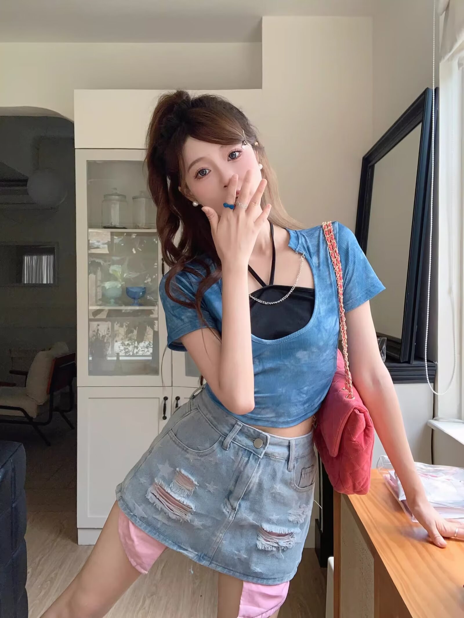新款小個子高腰顯瘦破洞牛仔a字闊腿短褲包臀褲女裝夏季潮