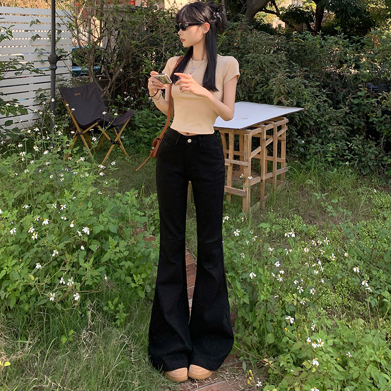 韓版拼接喇叭牛仔褲女美式黑色褶皺小個子顯瘦高腰網紅彈力喇叭褲