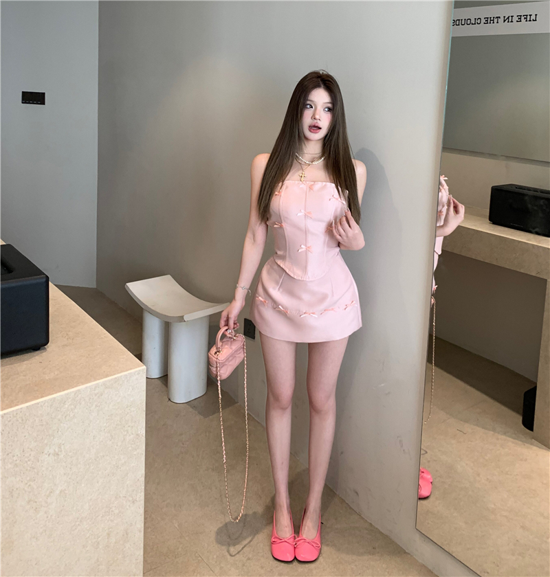 實拍 純欲甜辣妹蝴蝶結抹胸女夏性感芭比A字裙套裝
