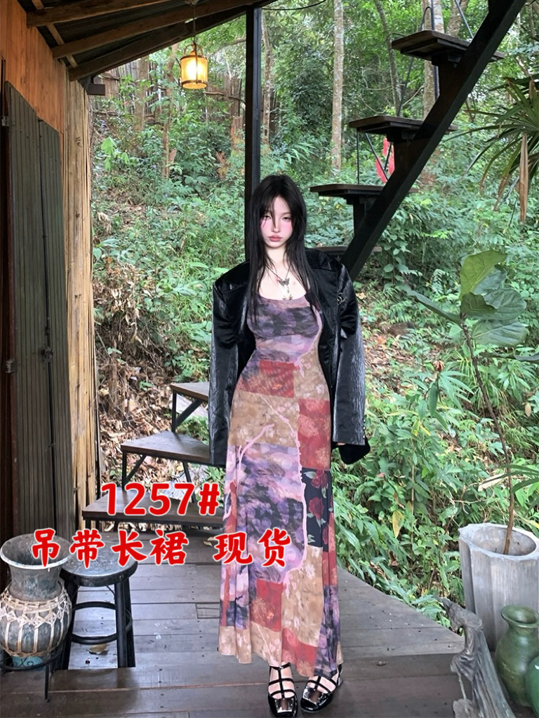 FunnJ Fangji Retro Floral Floral Waist Mid-Length Dress Women's Slim Fit Splicing Suspender Long Skirt