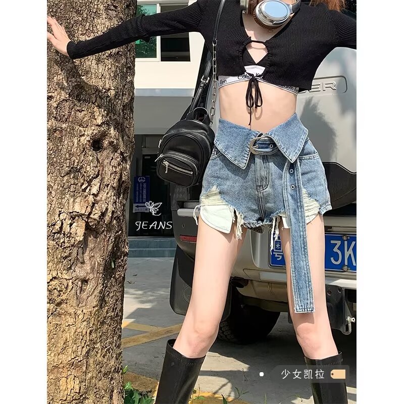 潮牌牛仔短褲女薄款夏季2024年新款設計感a字高腰顯瘦短褲