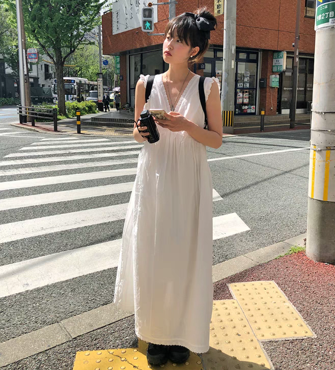 Korea's 202 new summer style girly style solid color skirt V-neck dress