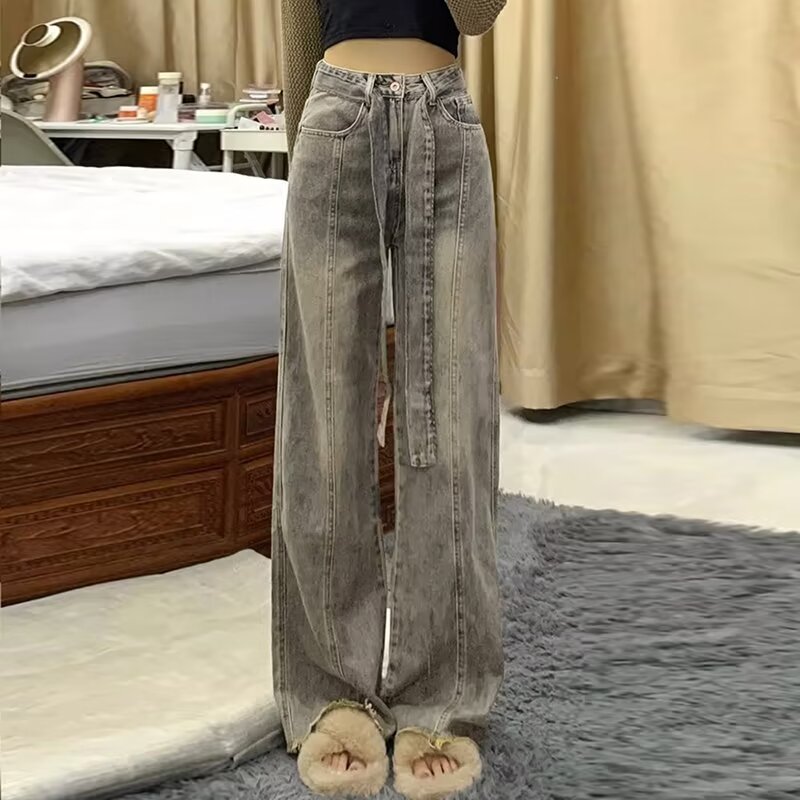 復古做舊闊腿牛仔褲女垂感春夏大碼胖mm高腰顯瘦寬鬆直筒拖地褲子