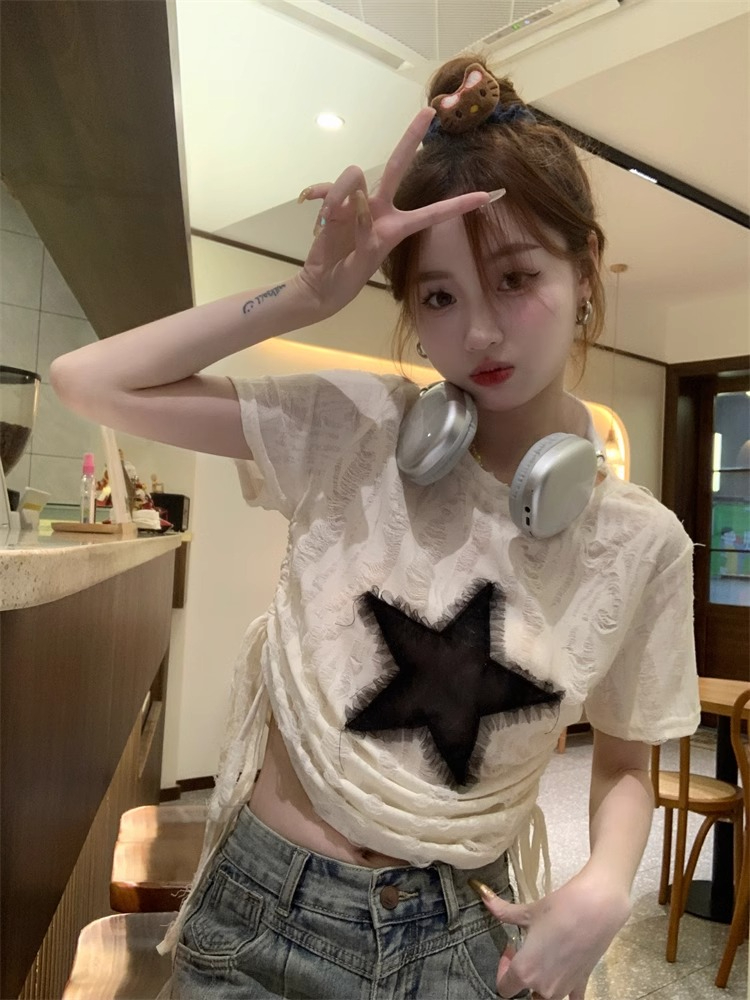 原版面料 設計感抽繩短袖小眾上衣女春季寬鬆美式辣妹T恤打底衫