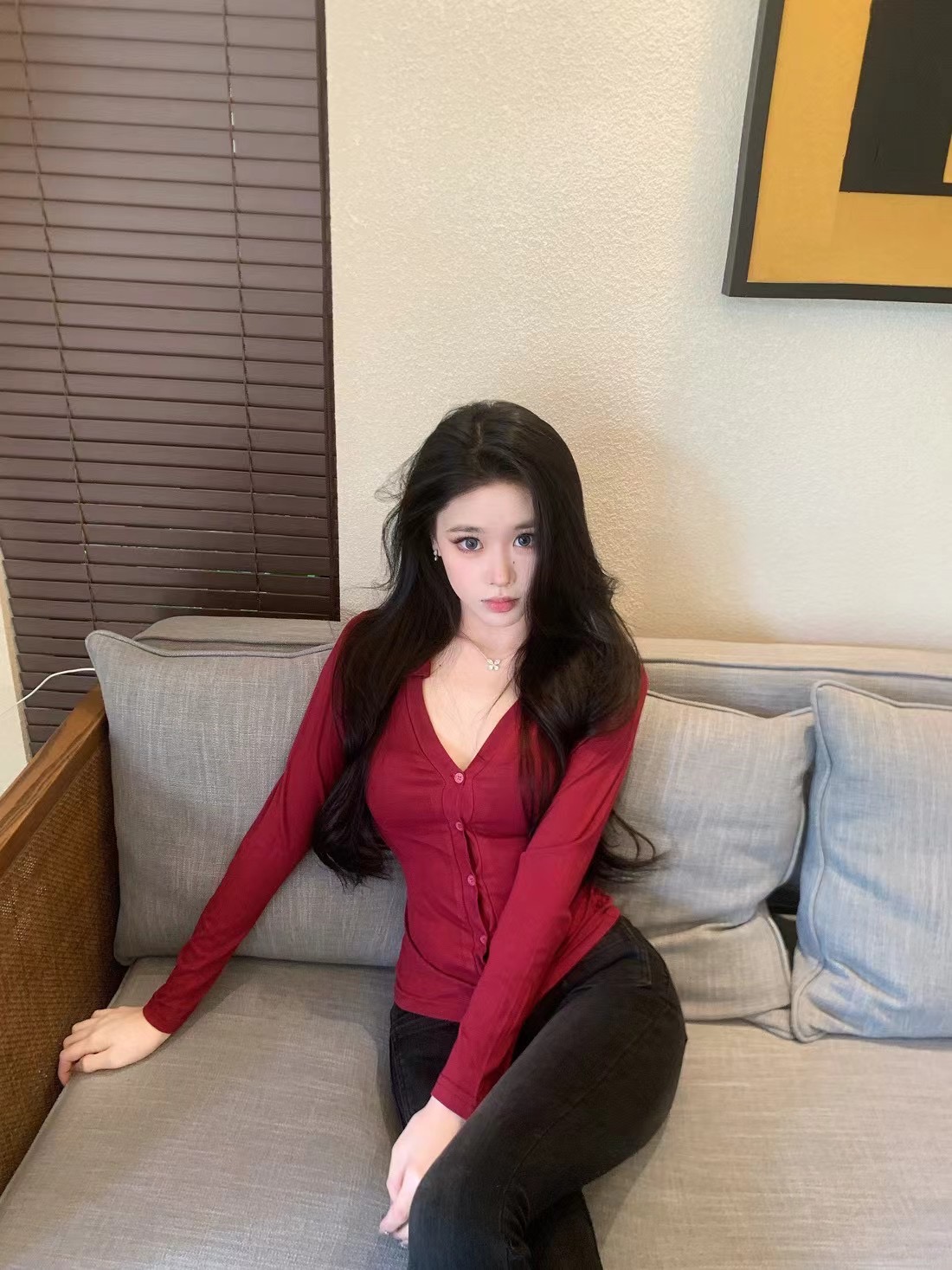 XINUD韓漫姐姐*純欲風v領長袖t恤女秋季新款修身顯瘦內搭打底衫