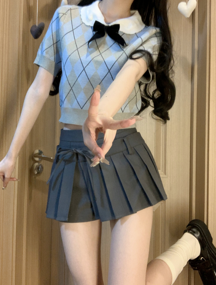 學院風菱格甜美法式短款針織上衣蝴蝶結修身短袖t恤女2024夏季