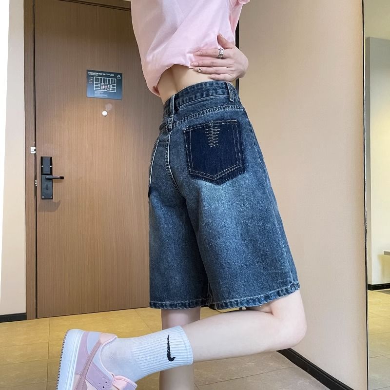 2024年夏季新款小個子直筒牛仔短褲女寬鬆設計感薄款高腰五分褲子