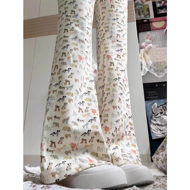 可愛滿印小狗褲子女春夏款印花高腰慵懶修身顯瘦垂感微喇休閒長褲