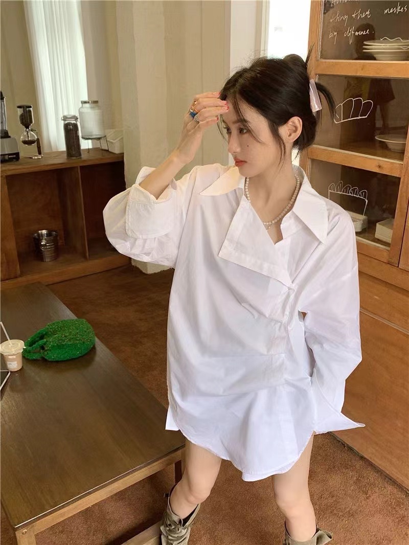 百搭設計感chic長袖白色襯衫女春季2024新款小眾褶皺寬鬆顯瘦襯衣