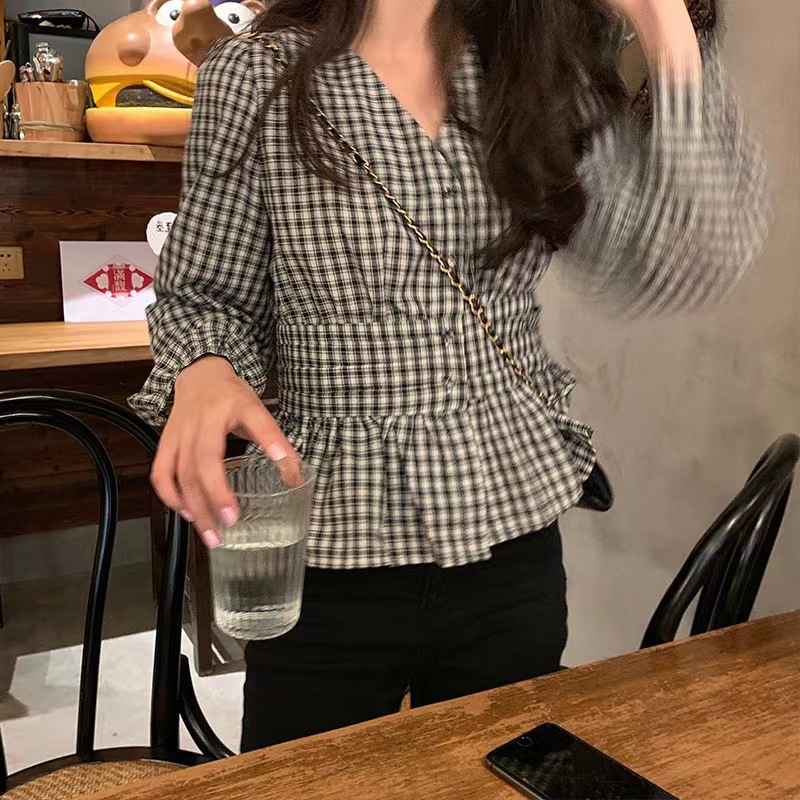 春秋韓版復古圓領格子襯衣女外套內搭上衣
