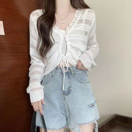 Hollow Knit V-Neck Top 2024 New Style Fitted Short Sleeve Long-Sleeve Outerwear Top