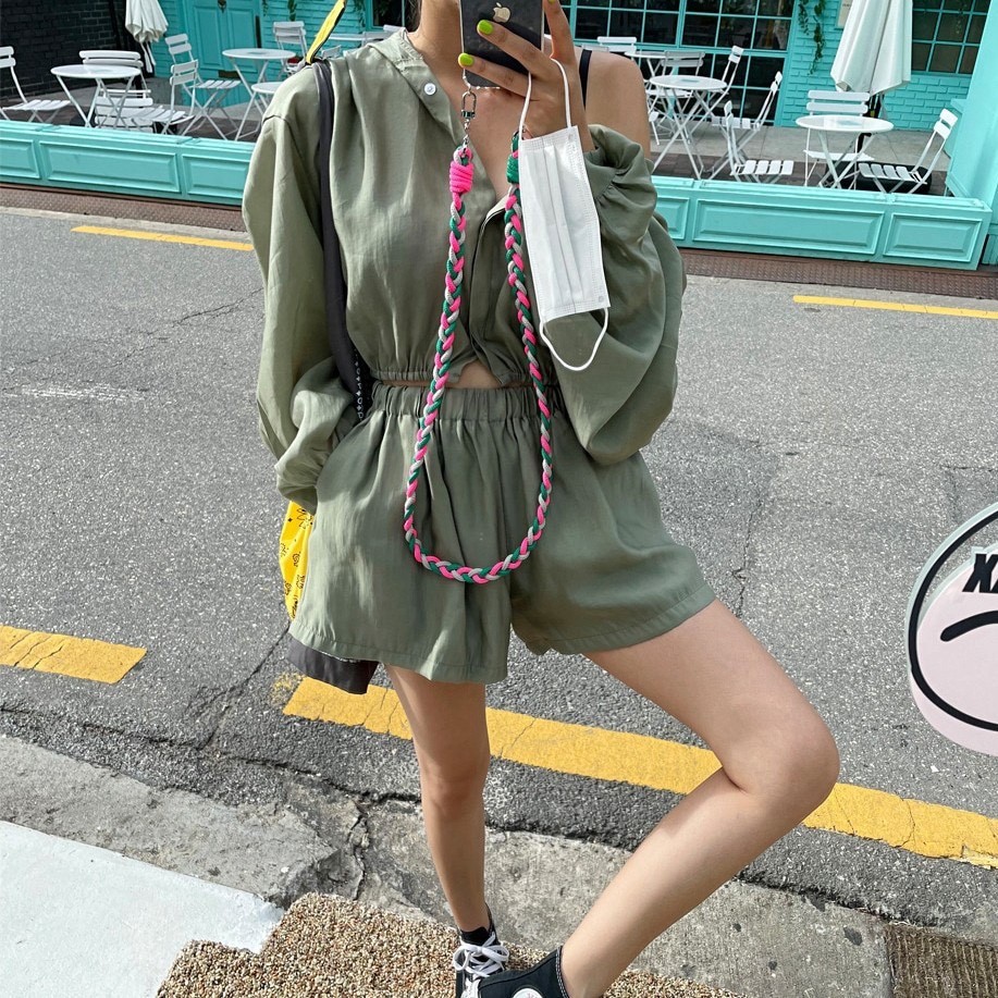 2024 new style Tencel sun protection loose slightly see-through hooded long-sleeved top elastic tie shorts two-piece suit