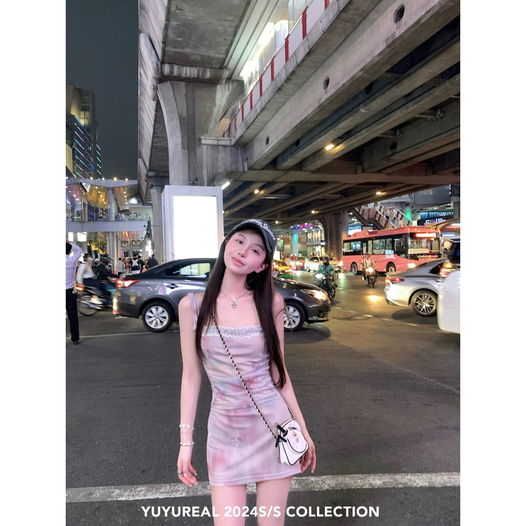 YUYUREAL 莓莓戀櫻 拼接印花蕾絲花邊吊帶綁帶連衣裙長短款