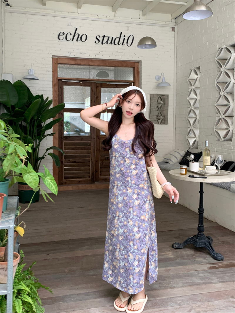 實拍~韓系印花開叉寬鬆度假碎花吊帶連衣裙