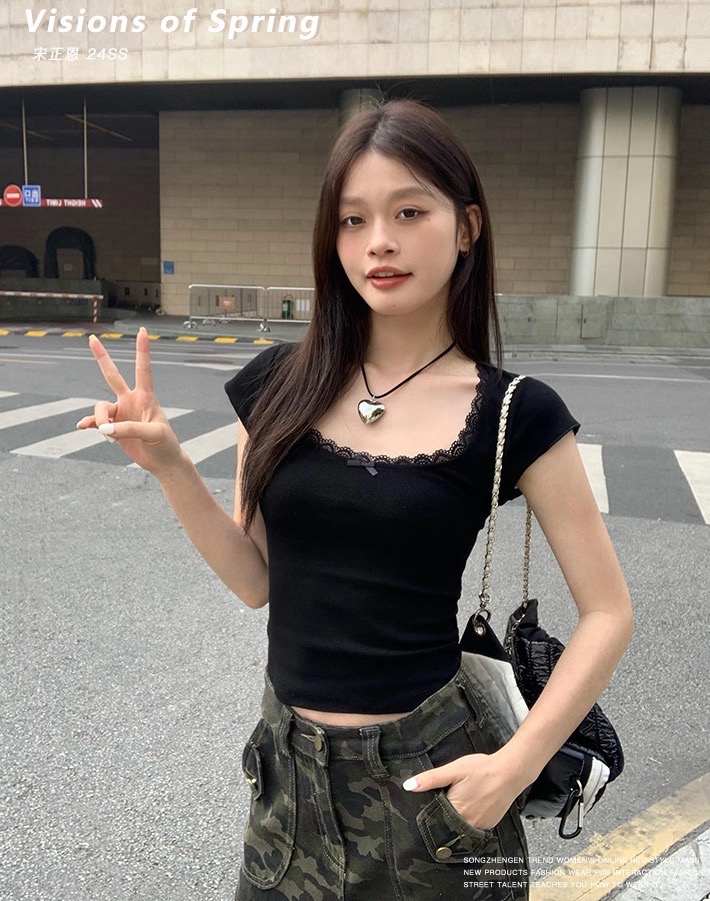 宋正恩黑色蝴蝶結蕾絲花邊U領短袖t恤女夏季正肩短款修身純欲上衣