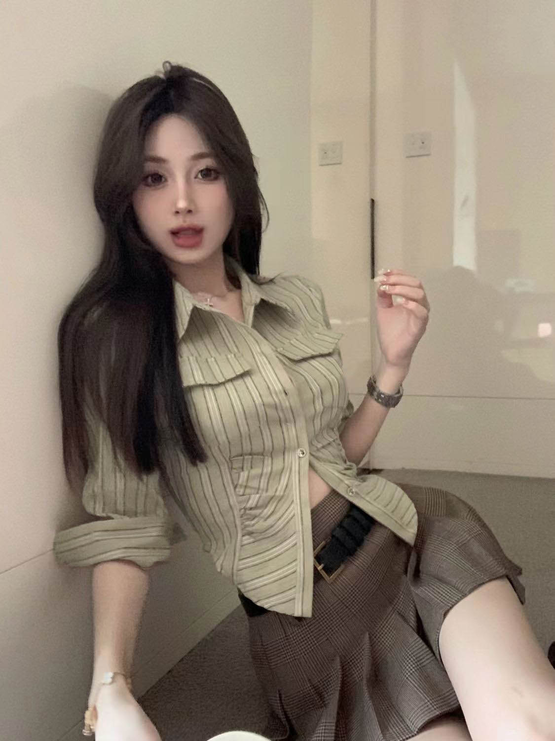 美式辣妹條紋長袖翻領襯衫收腰上衣高腰