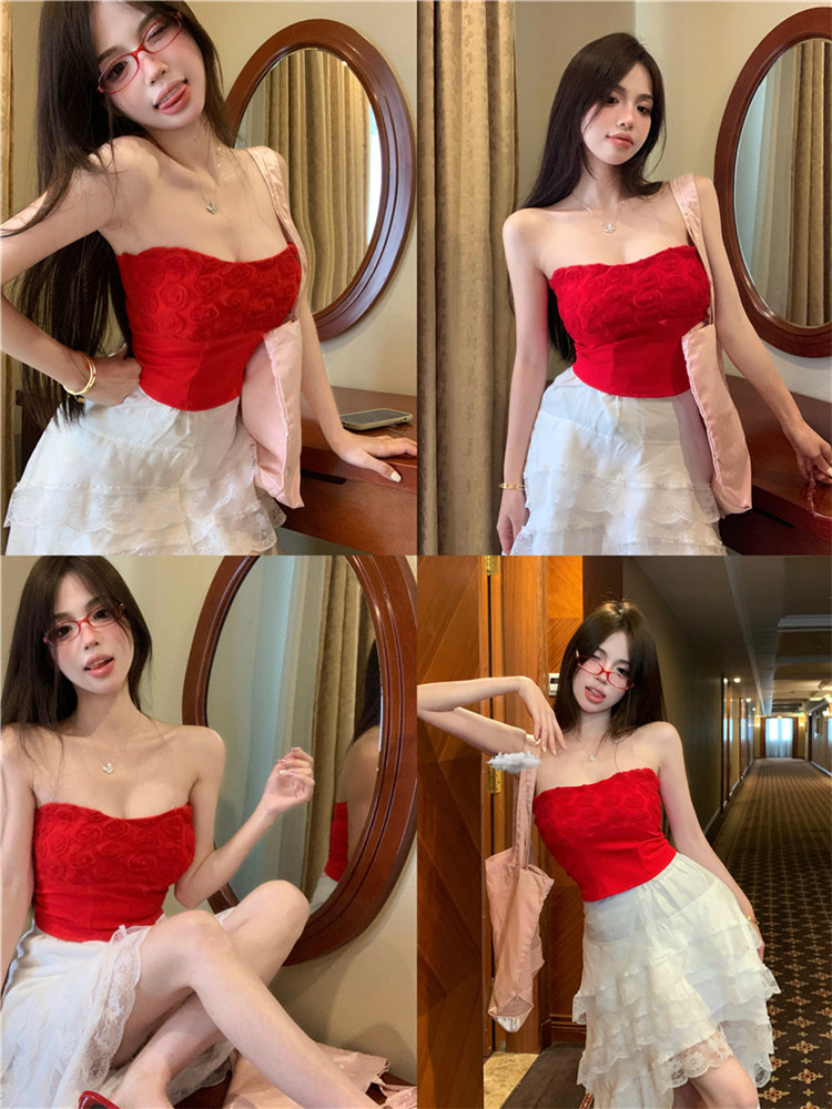 實拍   紅色玫瑰花短款露肩抹胸背心女春季新款純欲辣妹