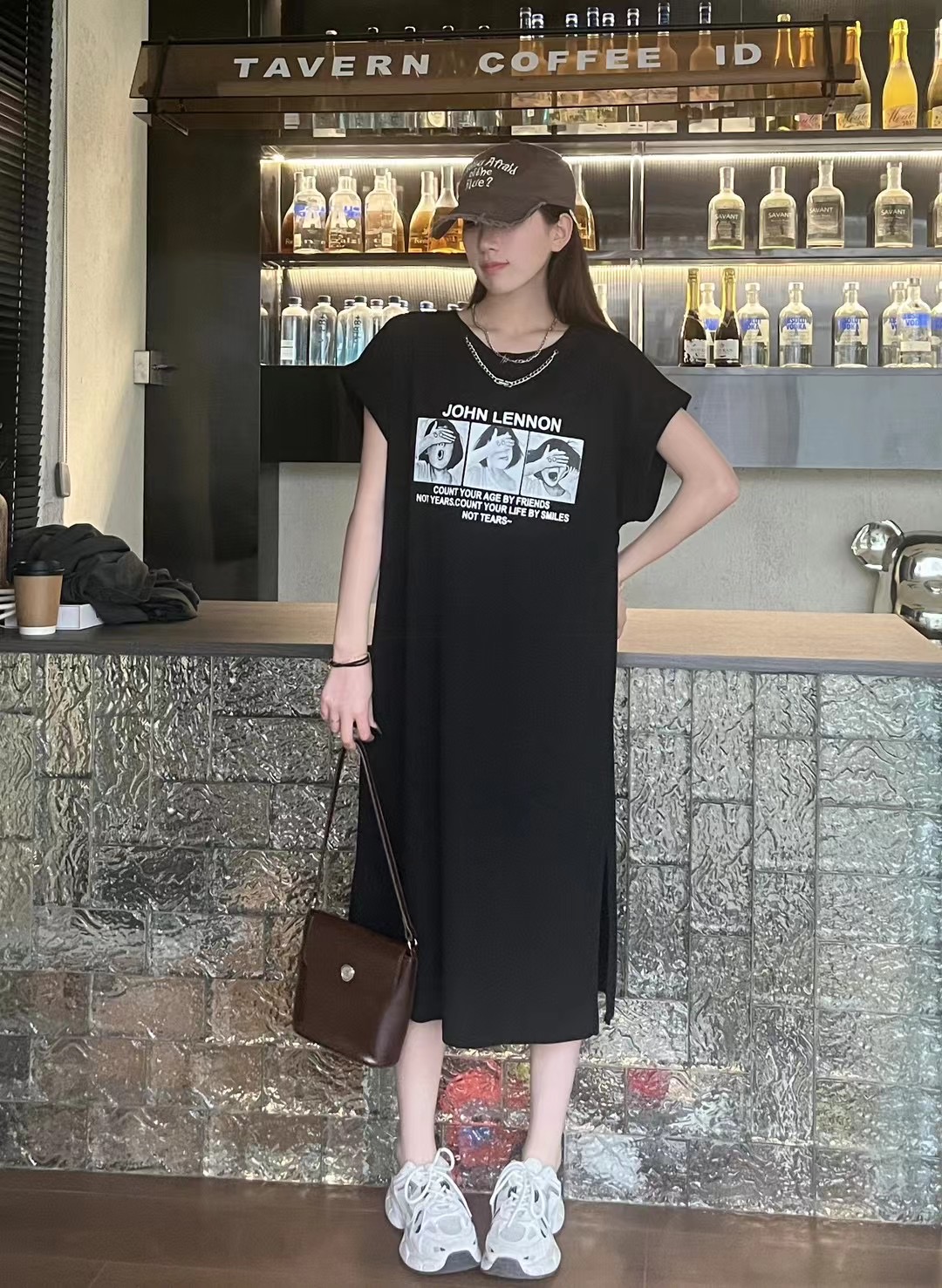 歐貨珠地棉T恤連衣裙女長款帶鏈條夏2024新款寬鬆長款女t恤裙子