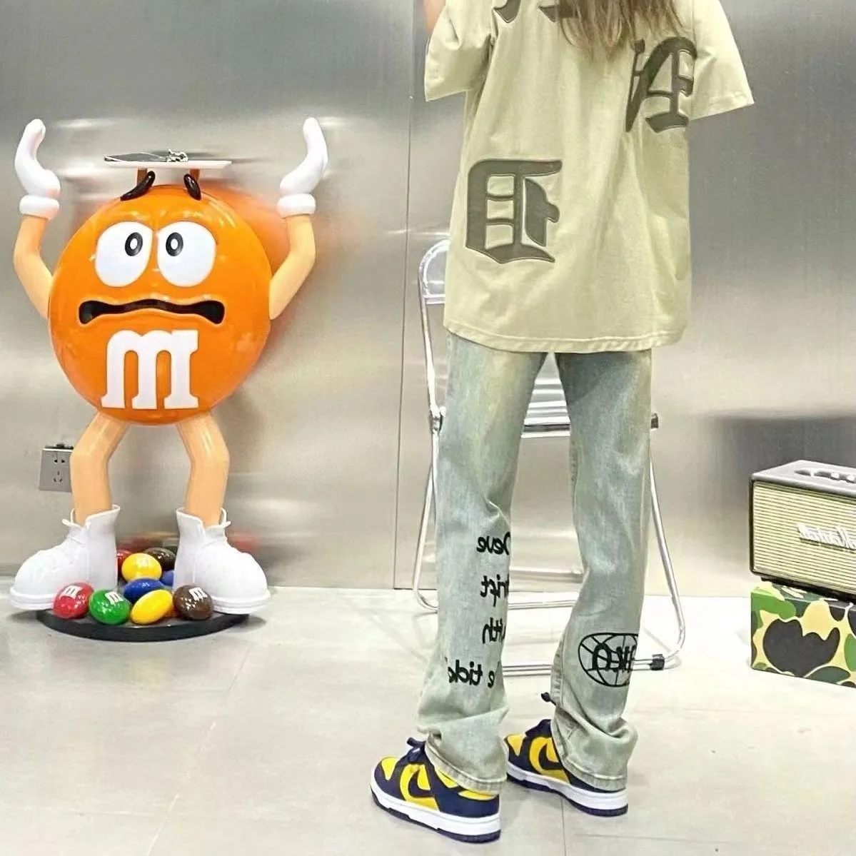 美式復古高街黃泥窄版闊腿牛仔褲女淺色刺繡寬鬆直筒高腰顯瘦褲子