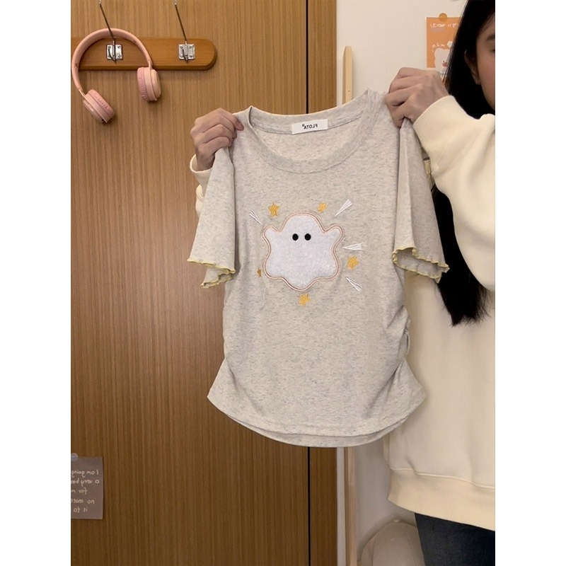 奶油的宇宙 可愛植絨卡通正肩短袖T恤女甜妹不露腰短上衣夏季新款
