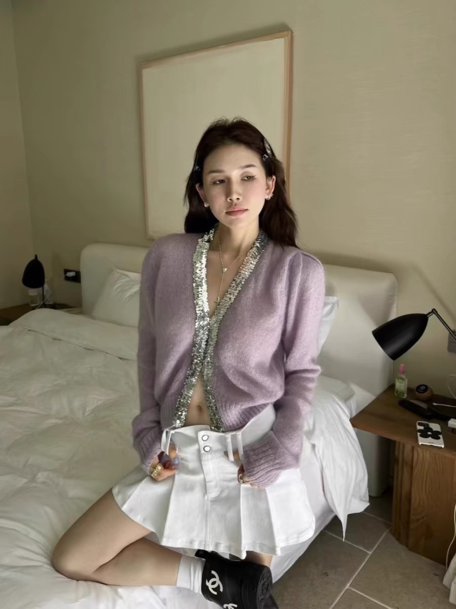 ALL IN 2024春季新款時髦洋氣重工亮片馬海毛疊穿長袖針織開衫女