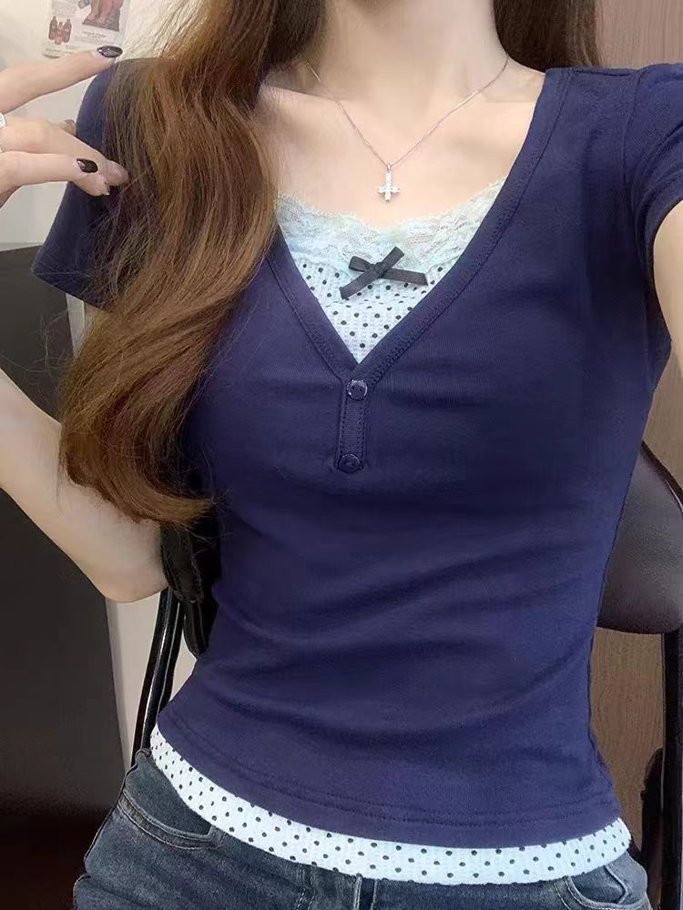 夏季新款辣妹上衣蕾絲邊波點修身短袖潮