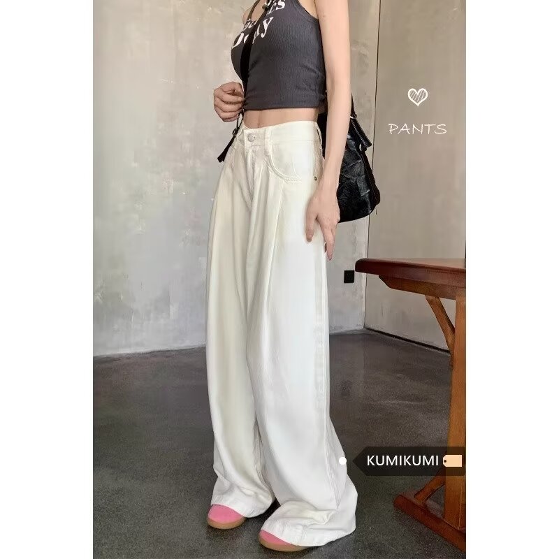 白色闊腿褲女牛仔褲春夏小個子垂感休閒褲直筒褲拖地白褲子