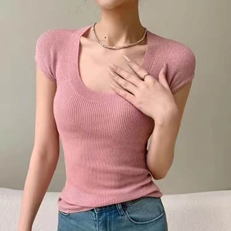 韓版低領短袖針織打底衫女夏季薄款辣妹純欲簡約修身顯瘦t恤上衣