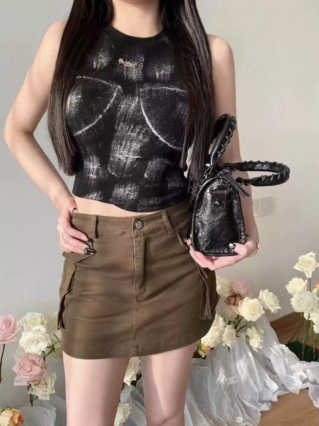 BOCOSY春季無袖工字背心短款燙銀印花百搭顯瘦原創設計甜酷上衣